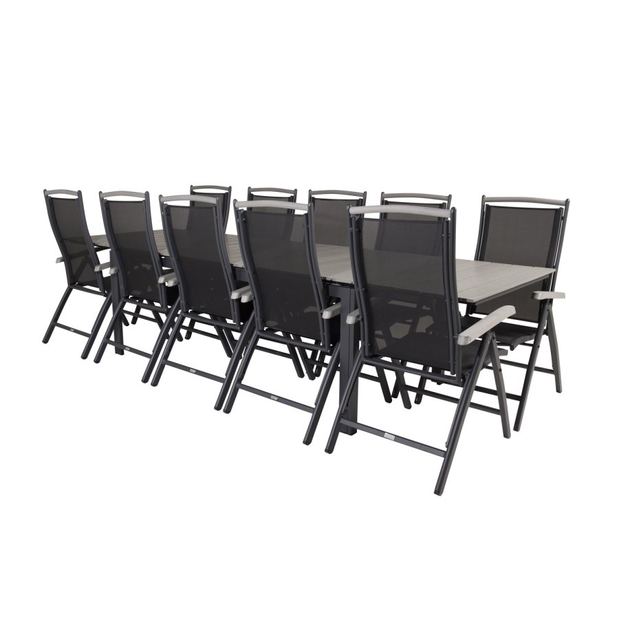 VENTURE DESIGN havest m. Levels bord m. udtrk og 10 Albany stole m. recliner - gr aintwood/sort 