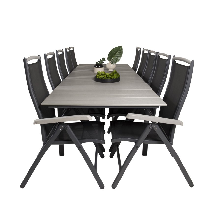 VENTURE DESIGN havest m. Levels bord m. udtrk og 10 Albany stole m. recliner - gr aintwood/sort 