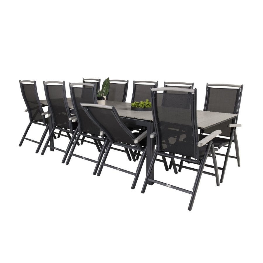 VENTURE DESIGN havest m. Levels bord m. udtrk og 10 Albany stole m. recliner - gr aintwood/sort 