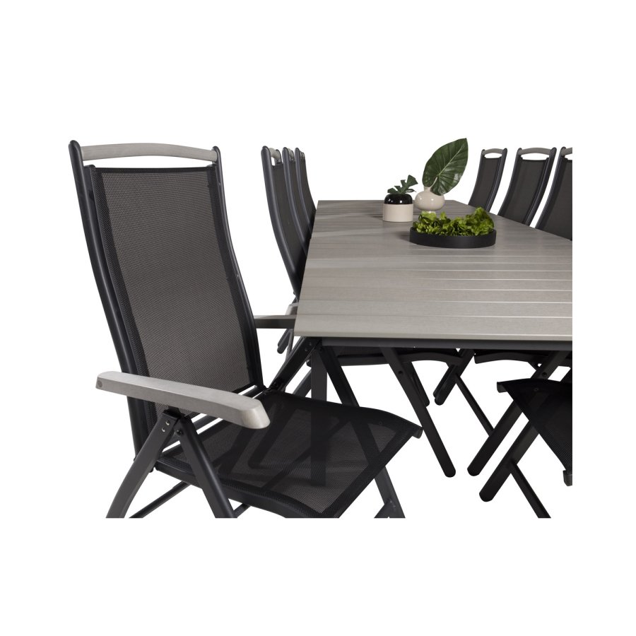 VENTURE DESIGN havest m. Levels bord m. udtrk og 10 Albany stole m. recliner - gr aintwood/sort 