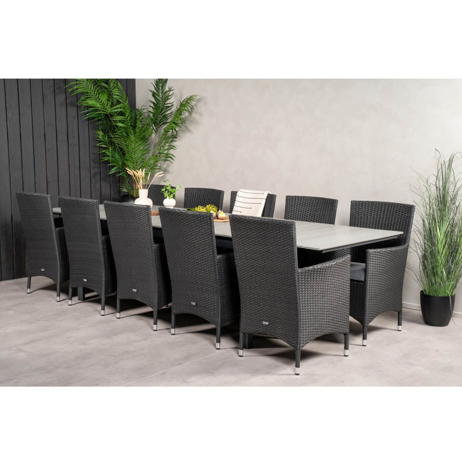 VENTURE DESIGN havest m Levels bord m udtrk og 10 Malin stole m. armln - sort rattan/gr aintwood