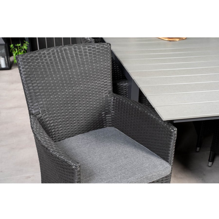 VENTURE DESIGN havest m Levels bord m udtrk og 10 Malin stole m. armln - sort rattan/gr aintwood