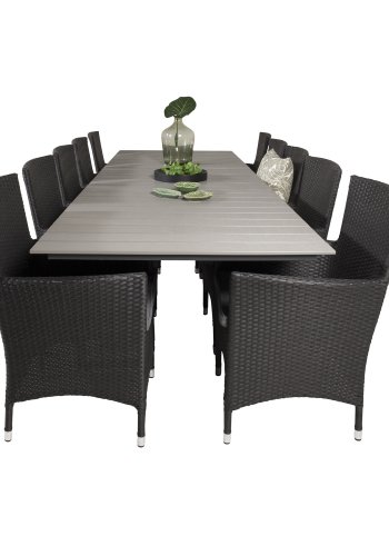 VENTURE DESIGN havest m Levels bord m udtrk og 10 Malin stole m. armln - sort rattan/gr aintwood