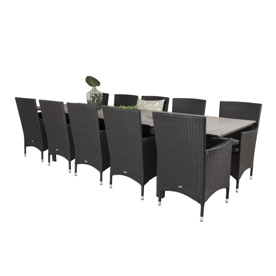 VENTURE DESIGN havest m Levels bord m udtrk og 10 Malin stole m. armln - sort rattan/gr aintwood