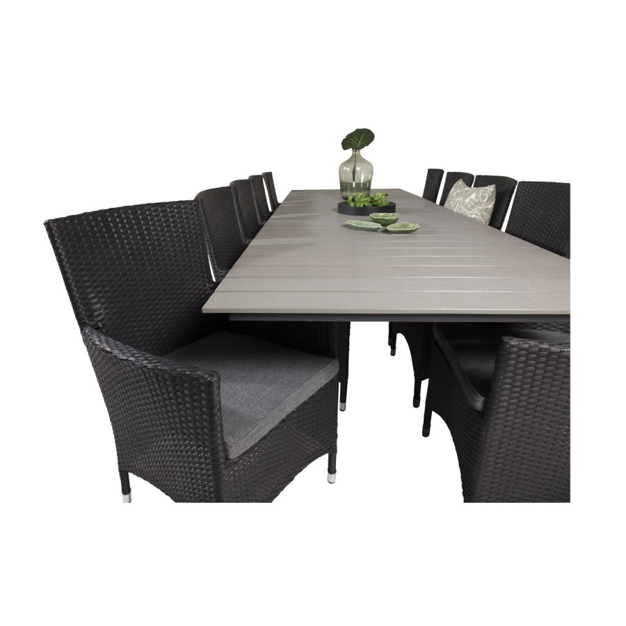 VENTURE DESIGN havest m Levels bord m udtrk og 10 Malin stole m. armln - sort rattan/gr aintwood