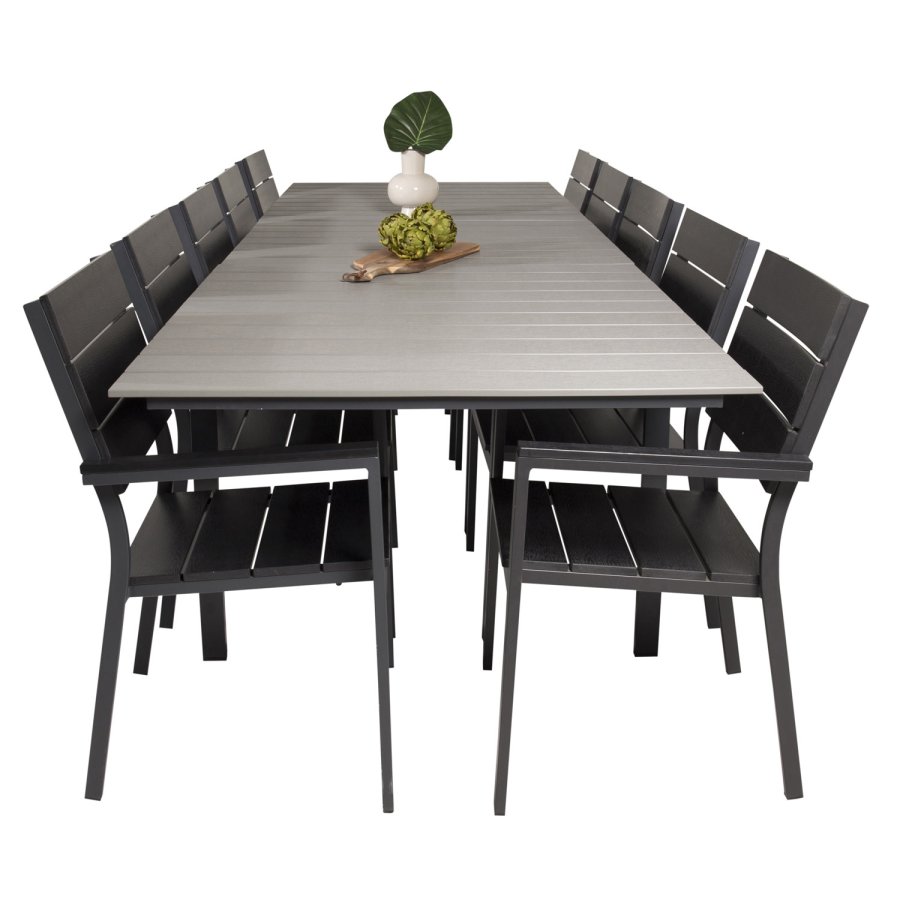 VENTURE DESIGN Levels havest m. bord m. udtrk og 10 stole m. armln - gr/sort aintwood/sort alu