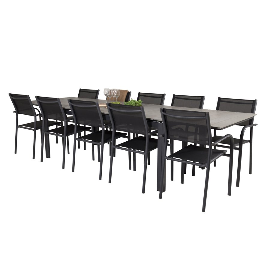 VENTURE DESIGN havest m Levels bord m udtrk og 10 Santorini stole m armln - sort aintwood/textile