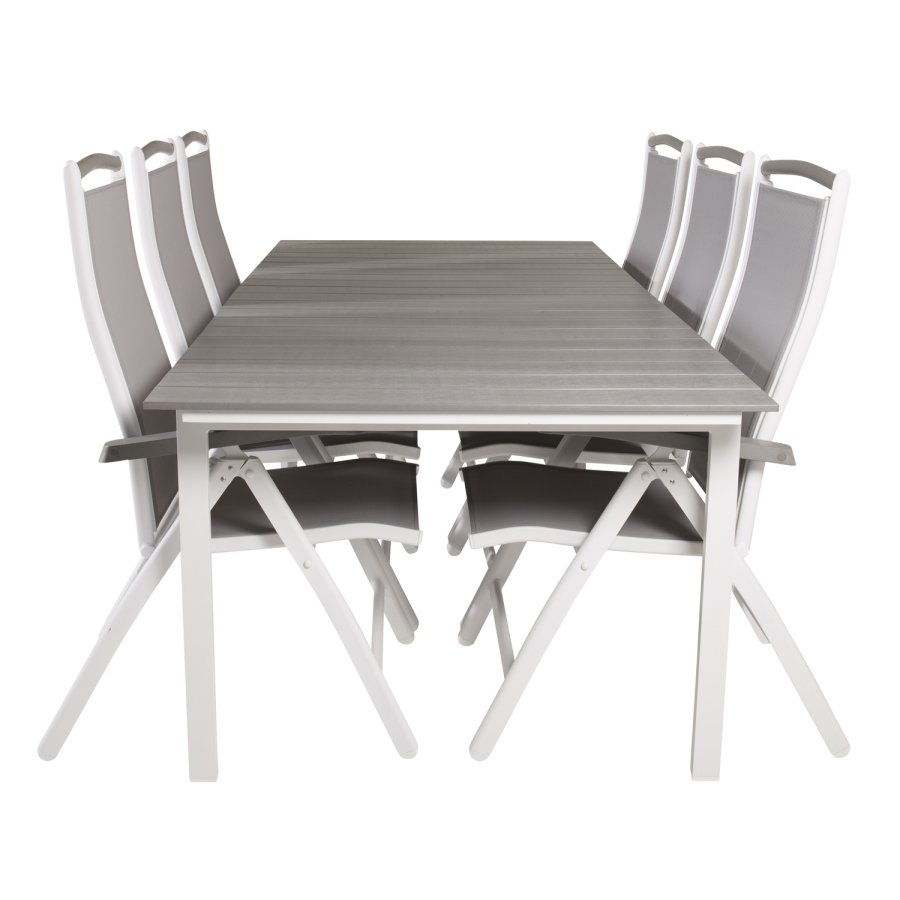 VENTURE DESIGN havest, m. Levels bord, m. udtrk og 6 Albany 5:pos. stole - aintwood/alu 