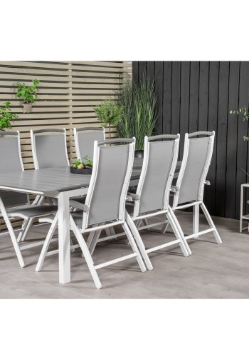 VENTURE DESIGN havest, m. Levels bord, m. udtrk og 6 Albany 5:pos. stole - aintwood/alu 