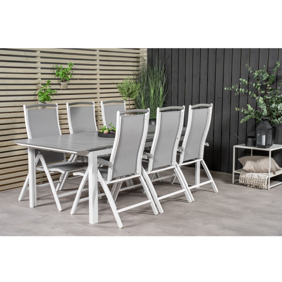 VENTURE DESIGN havest, m. Levels bord, m. udtrk og 6 Albany 5:pos. stole - aintwood/alu 