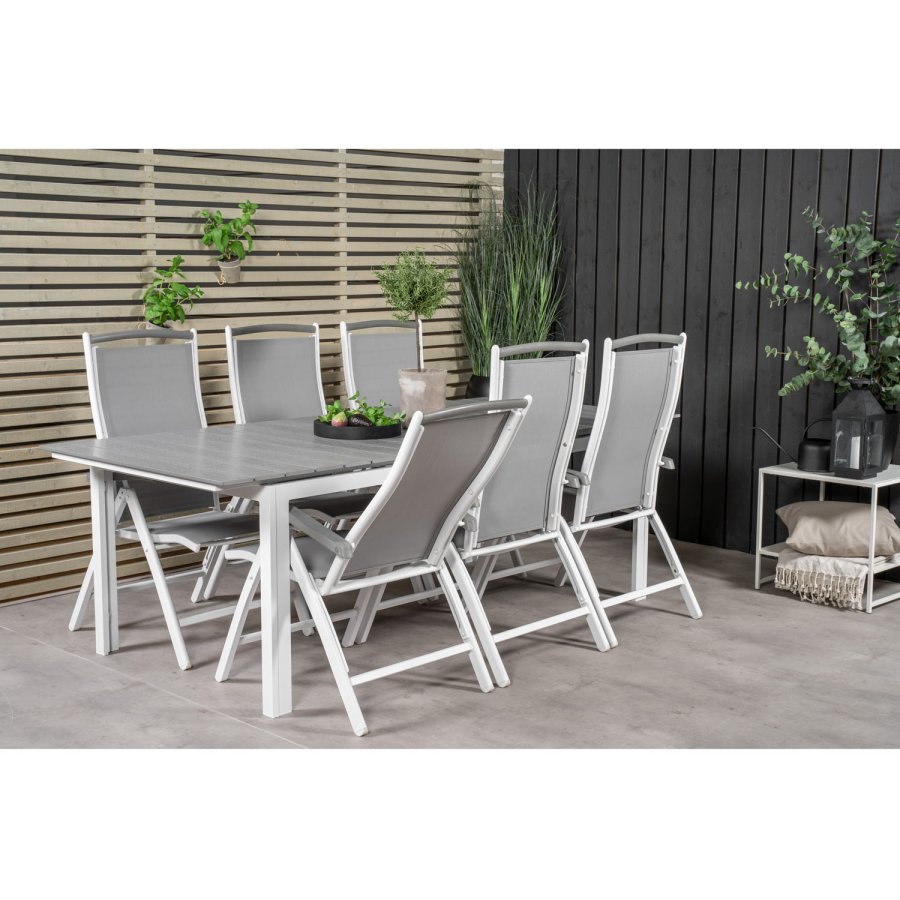 VENTURE DESIGN havest, m. Levels bord, m. udtrk og 6 Albany 5:pos. stole - aintwood/alu 