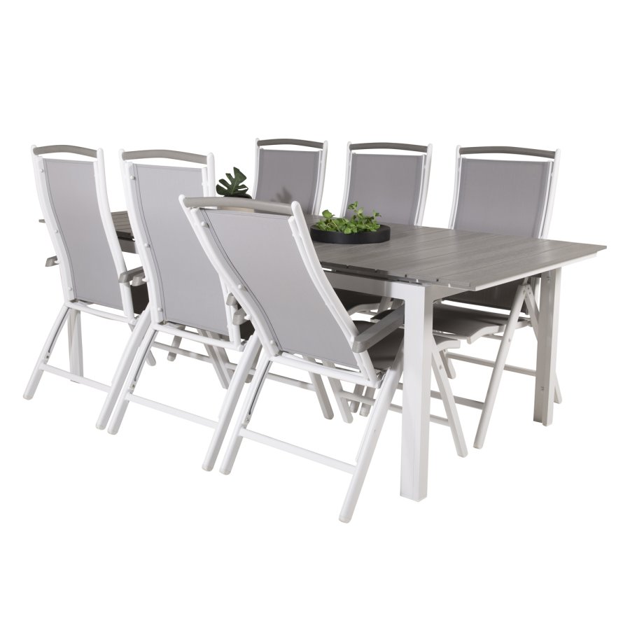 VENTURE DESIGN havest, m. Levels bord, m. udtrk og 6 Albany 5:pos. stole - aintwood/alu 