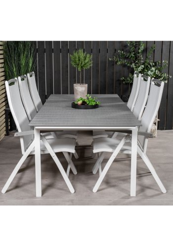 VENTURE DESIGN havest, m. Levels bord, m. udtrk og 6 Albany 5:pos. stole - aintwood/alu