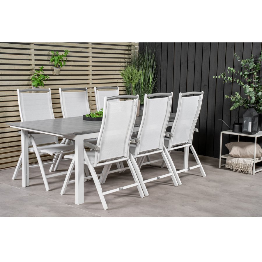 VENTURE DESIGN havest, m. Levels bord, m. udtrk og 6 Albany 5:pos. stole - aintwood/alu