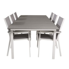 VENTURE DESIGN havest, m. Levels bord, m. udtrk og 6 Parma stole, m. armln - alu/aintwood 