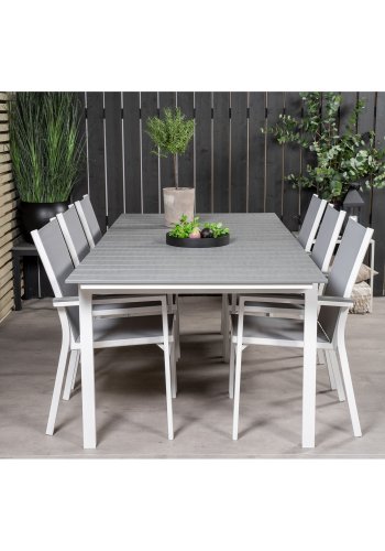 VENTURE DESIGN havest, m. Levels bord, m. udtrk og 6 Parma stole, m. armln - alu/aintwood 