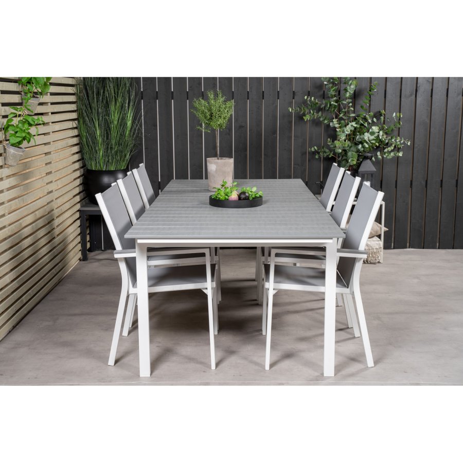 VENTURE DESIGN havest, m. Levels bord, m. udtrk og 6 Parma stole, m. armln - alu/aintwood 