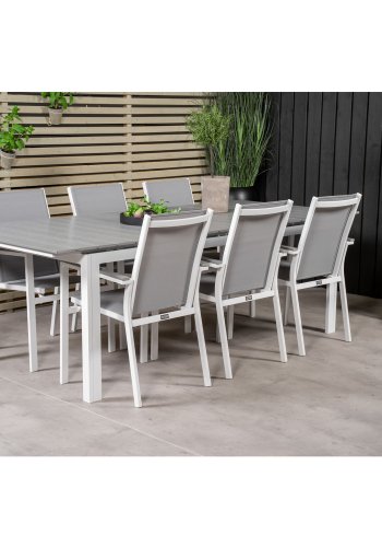 VENTURE DESIGN havest, m. Levels bord, m. udtrk og 6 Parma stole, m. armln - alu/aintwood 