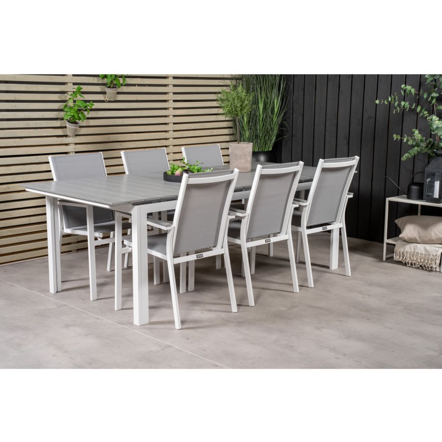 VENTURE DESIGN havest, m. Levels bord, m. udtrk og 6 Parma stole, m. armln - alu/aintwood 