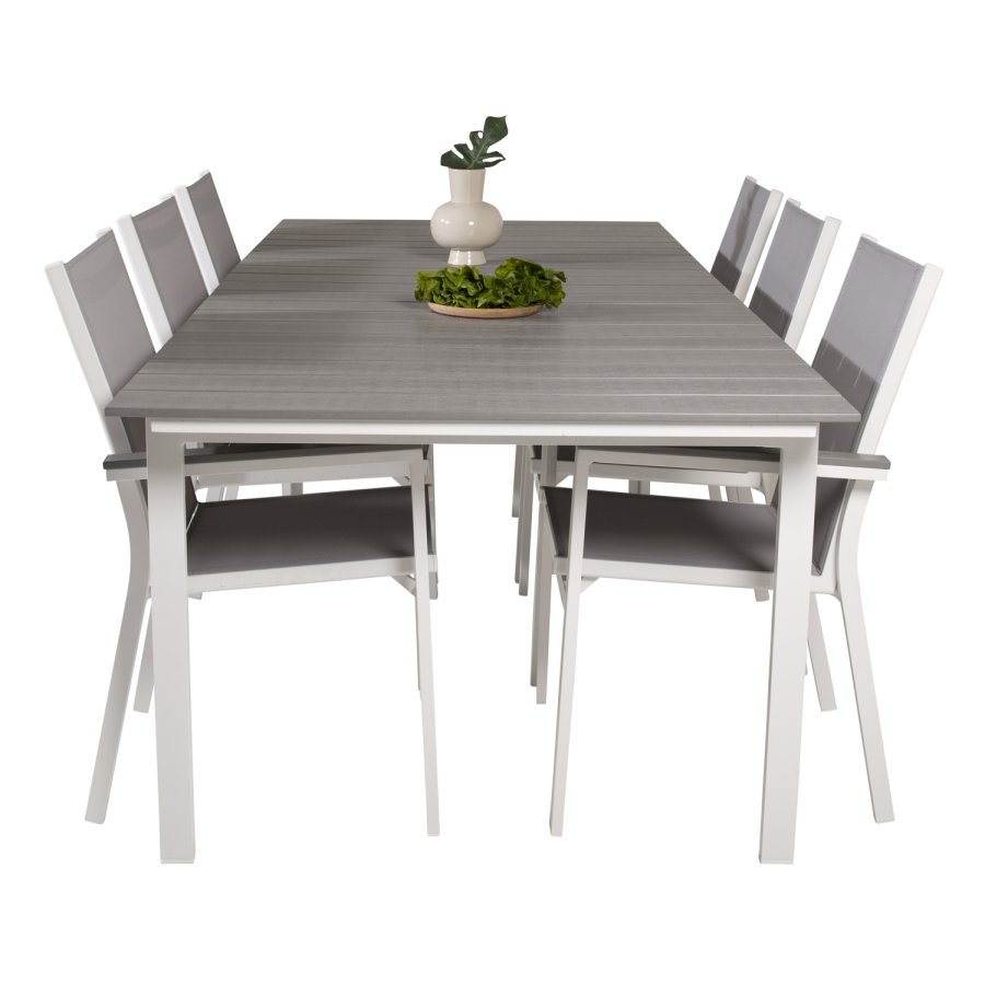 VENTURE DESIGN havest, m. Levels bord, m. udtrk og 6 Parma stole, m. armln - alu/aintwood 