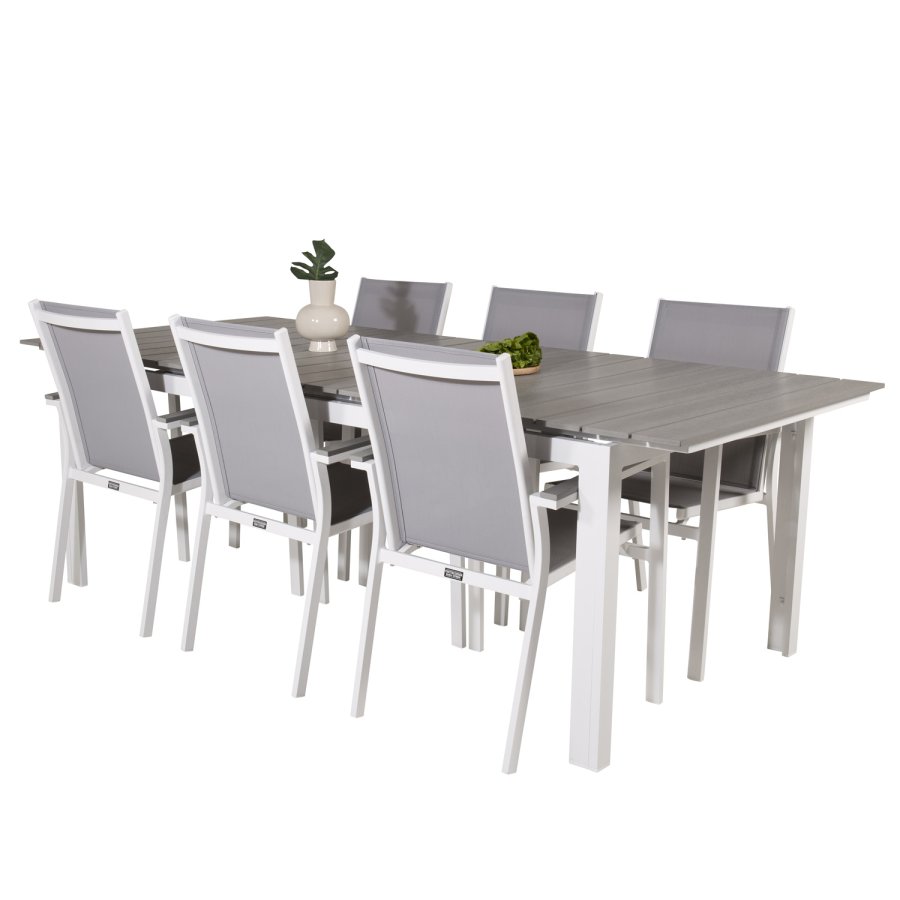 VENTURE DESIGN havest, m. Levels bord, m. udtrk og 6 Parma stole, m. armln - alu/aintwood 