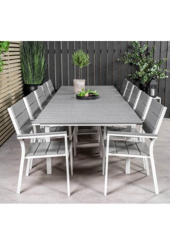 VENTURE DESIGN Levels havest m. bord m. udtrk og 10 stole m. armln - gr aintwood/hvid alu