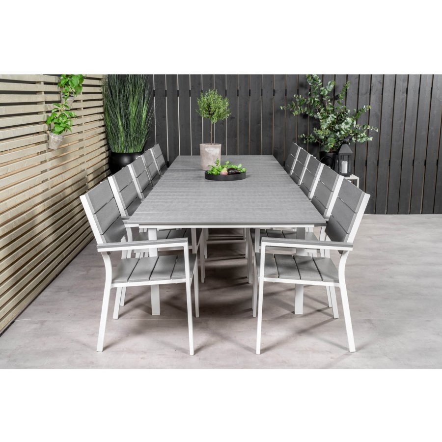 VENTURE DESIGN Levels havest m. bord m. udtrk og 10 stole m. armln - gr aintwood/hvid alu