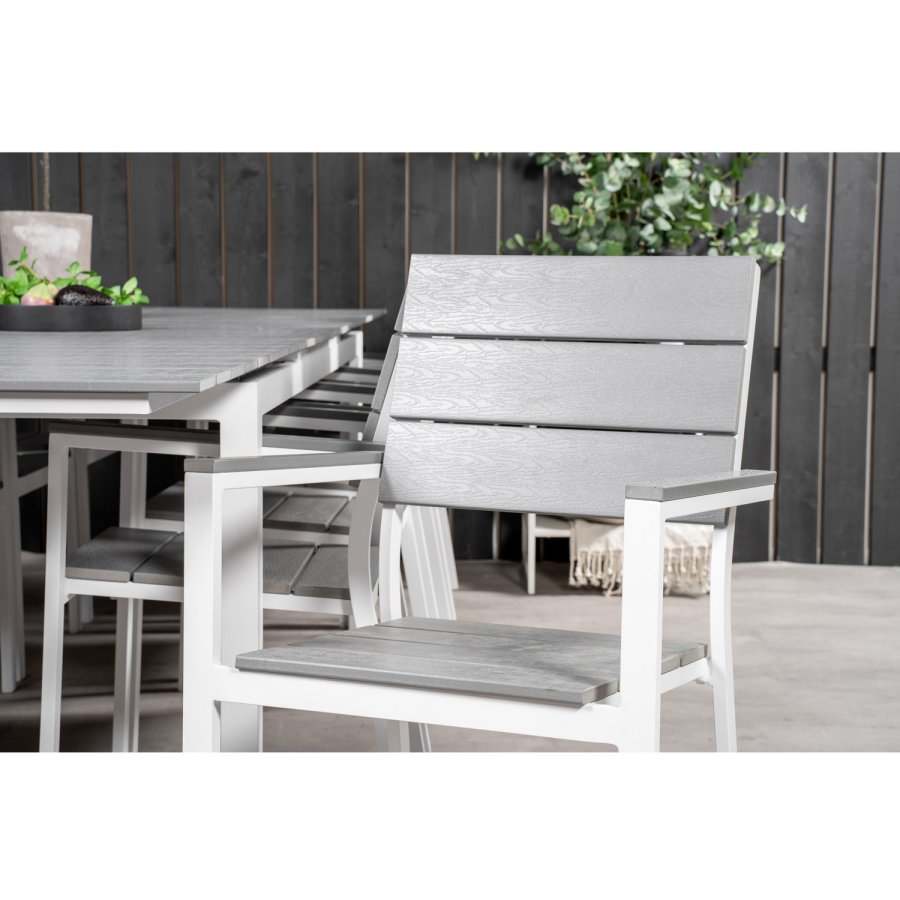 VENTURE DESIGN Levels havest m. bord m. udtrk og 10 stole m. armln - gr aintwood/hvid alu