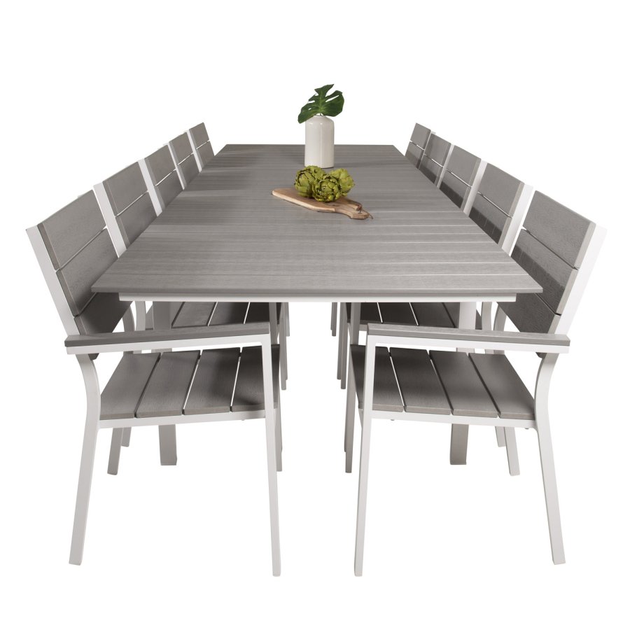 VENTURE DESIGN Levels havest m. bord m. udtrk og 10 stole m. armln - gr aintwood/hvid alu