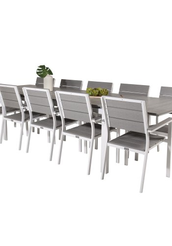 VENTURE DESIGN Levels havest m. bord m. udtrk og 10 stole m. armln - gr aintwood/hvid alu
