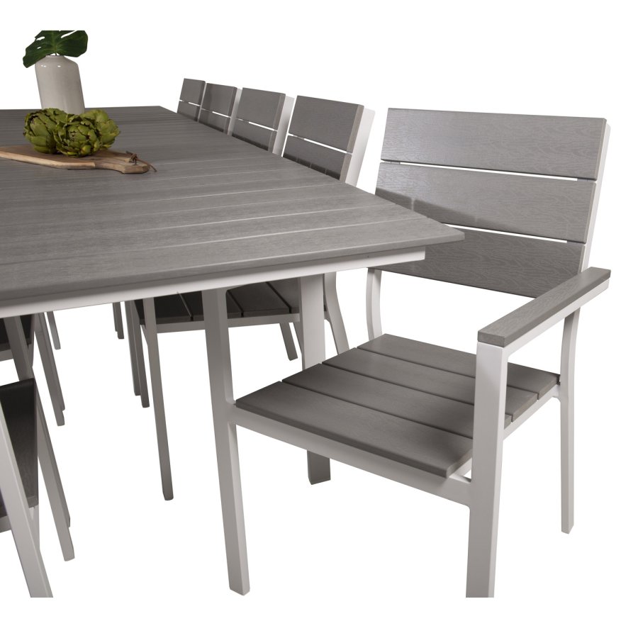 VENTURE DESIGN Levels havest m. bord m. udtrk og 10 stole m. armln - gr aintwood/hvid alu