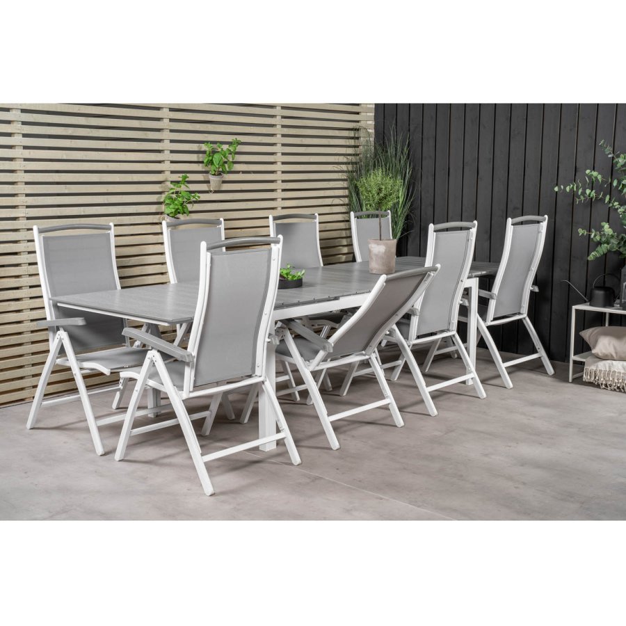 VENTURE DESIGN havest m. Levels bord m. udtrk og 8 Albany stole m. recliner - gr aintwood/textile