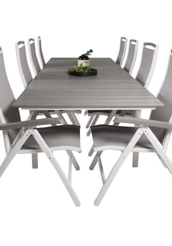 VENTURE DESIGN havest m. Levels bord m. udtrk og 8 Albany stole m. recliner - gr aintwood/textile