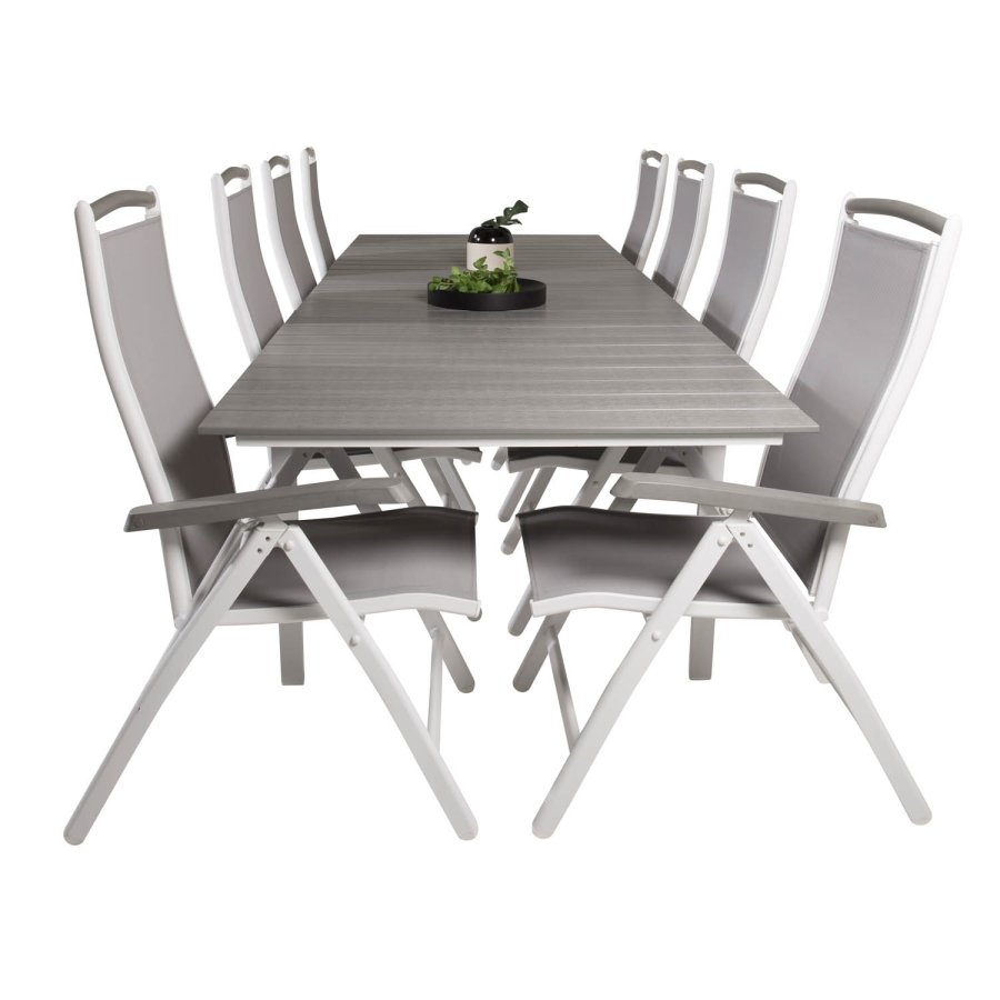 VENTURE DESIGN havest m. Levels bord m. udtrk og 8 Albany stole m. recliner - gr aintwood/textile