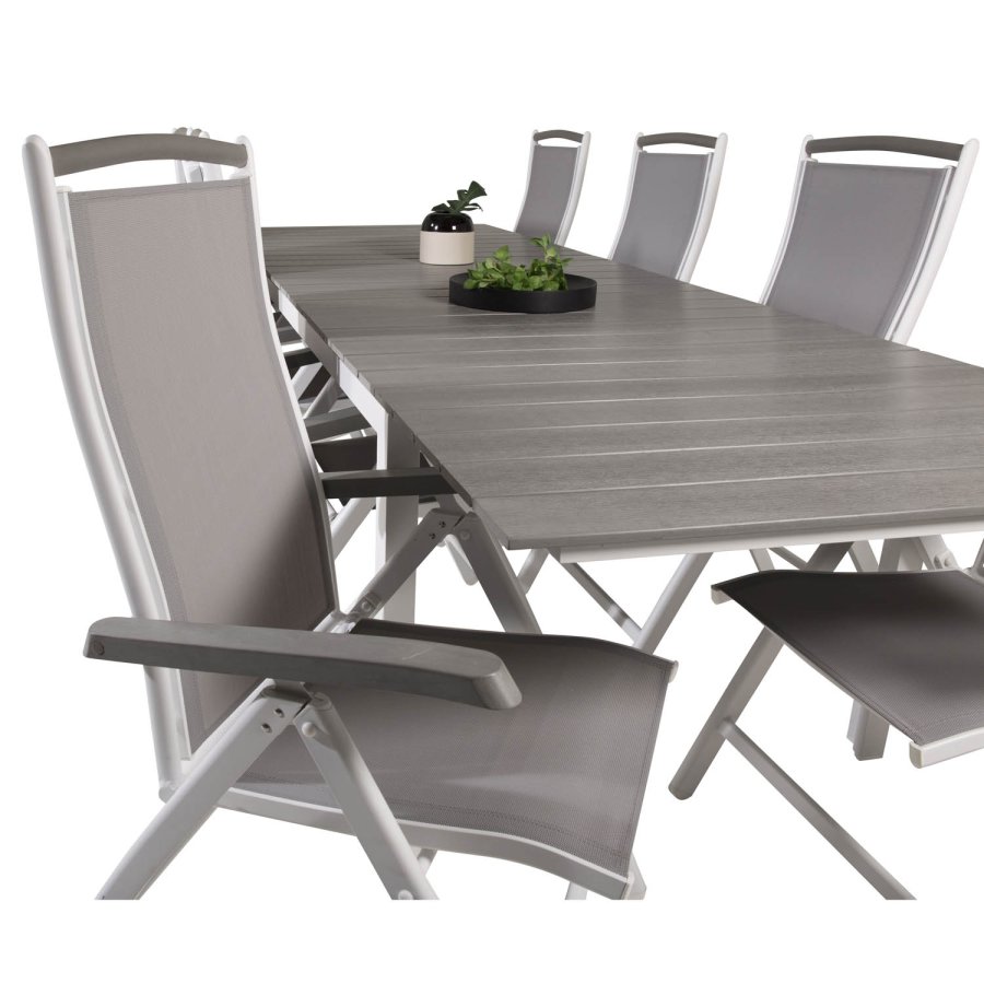 VENTURE DESIGN havest m. Levels bord m. udtrk og 8 Albany stole m. recliner - gr aintwood/textile