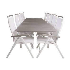 VENTURE DESIGN havest m Levels bord m udtrk og 10 Albany stole m. recliner - gr aintwood/hvid alu