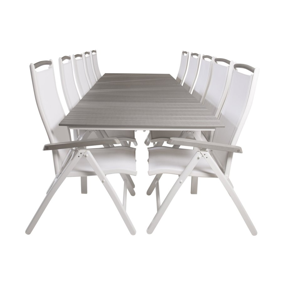 VENTURE DESIGN havest m Levels bord m udtrk og 10 Albany stole m. recliner - gr aintwood/hvid alu