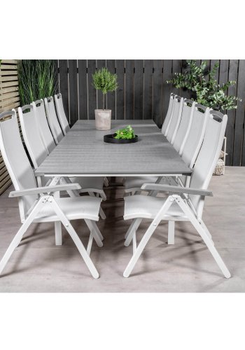 VENTURE DESIGN havest m Levels bord m udtrk og 10 Albany stole m. recliner - gr aintwood/hvid alu