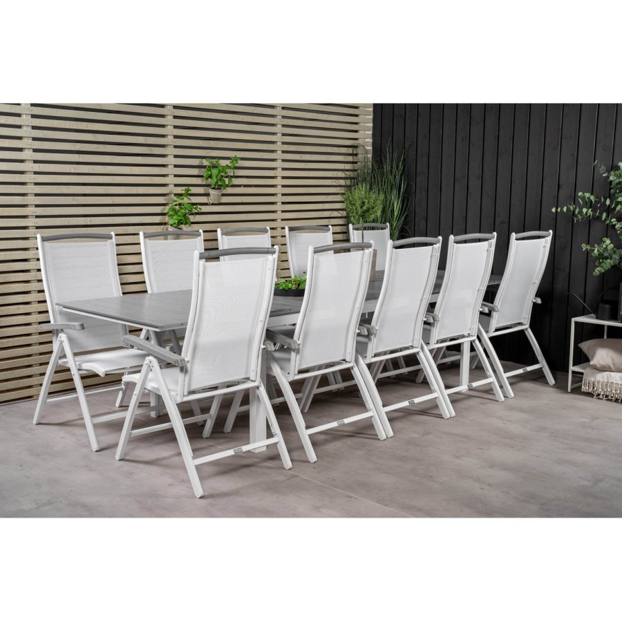 VENTURE DESIGN havest m Levels bord m udtrk og 10 Albany stole m. recliner - gr aintwood/hvid alu