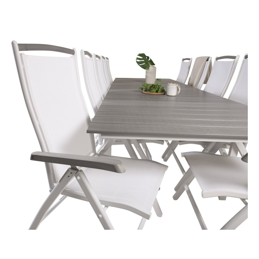 VENTURE DESIGN havest m Levels bord m udtrk og 10 Albany stole m. recliner - gr aintwood/hvid alu