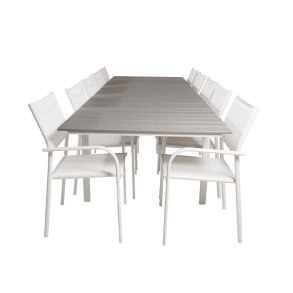 VENTURE DESIGN havest m Levels bord m udtrk og 10 Santorini stole m armln - gr aintwood/hvid alu