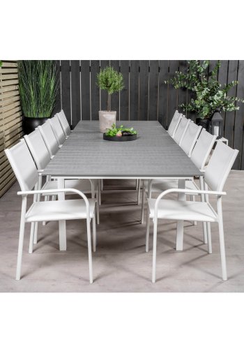 VENTURE DESIGN havest m Levels bord m udtrk og 10 Santorini stole m armln - gr aintwood/hvid alu