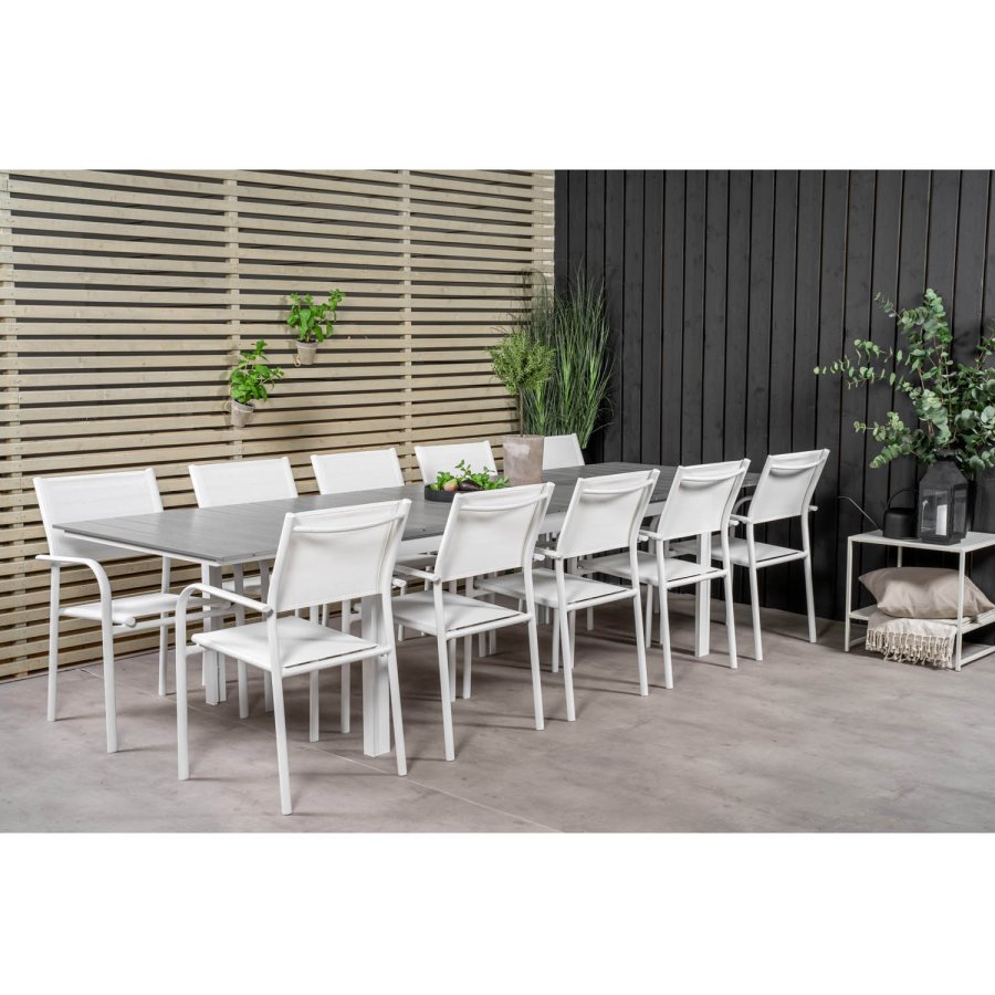 VENTURE DESIGN havest m Levels bord m udtrk og 10 Santorini stole m armln - gr aintwood/hvid alu