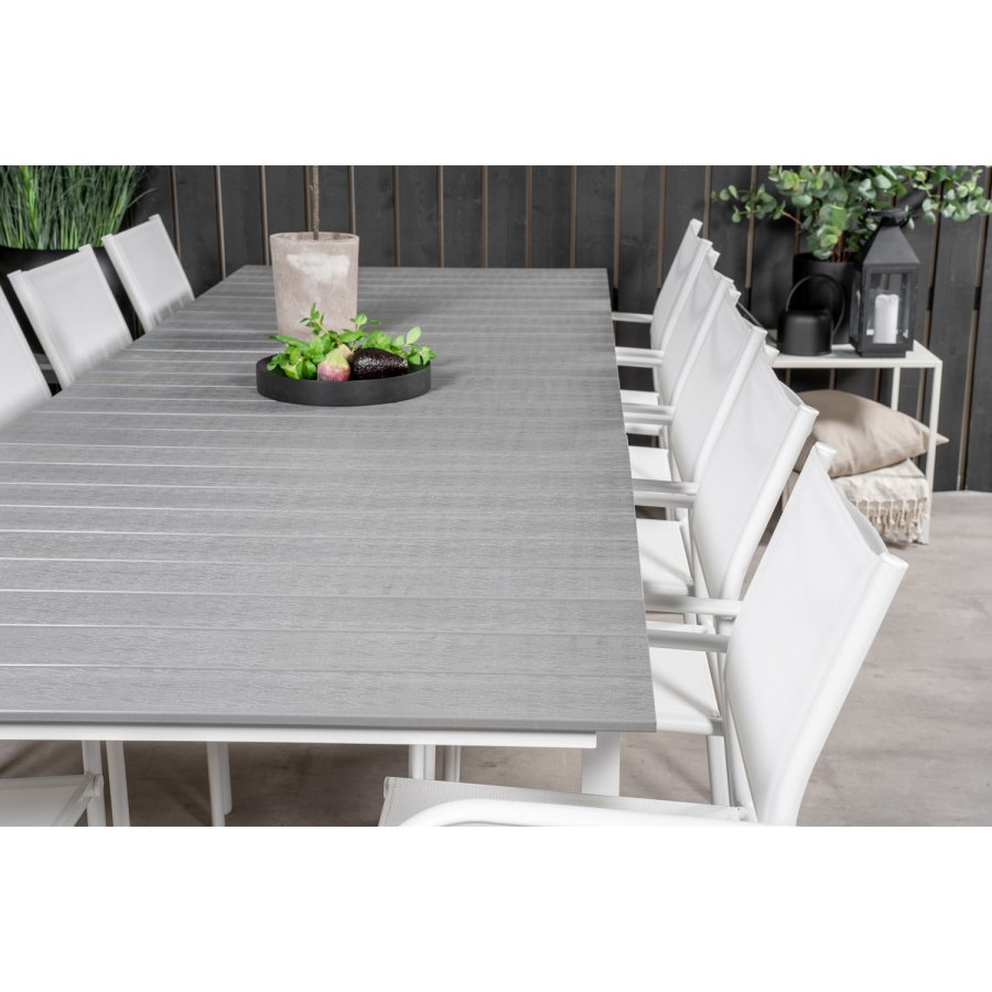 VENTURE DESIGN havest m Levels bord m udtrk og 10 Santorini stole m armln - gr aintwood/hvid alu