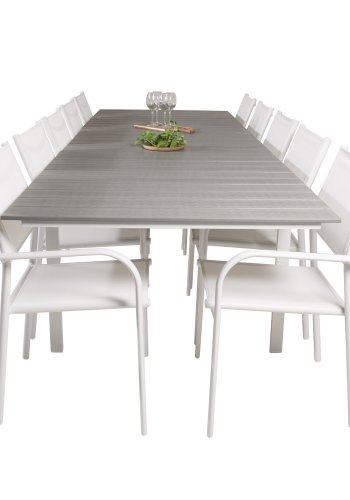 VENTURE DESIGN havest m Levels bord m udtrk og 10 Santorini stole m armln - gr aintwood/hvid alu