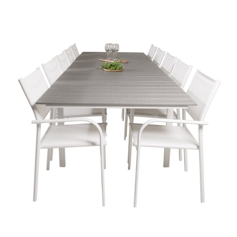 VENTURE DESIGN havest m Levels bord m udtrk og 10 Santorini stole m armln - gr aintwood/hvid alu