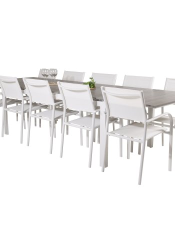 VENTURE DESIGN havest m Levels bord m udtrk og 10 Santorini stole m armln - gr aintwood/hvid alu