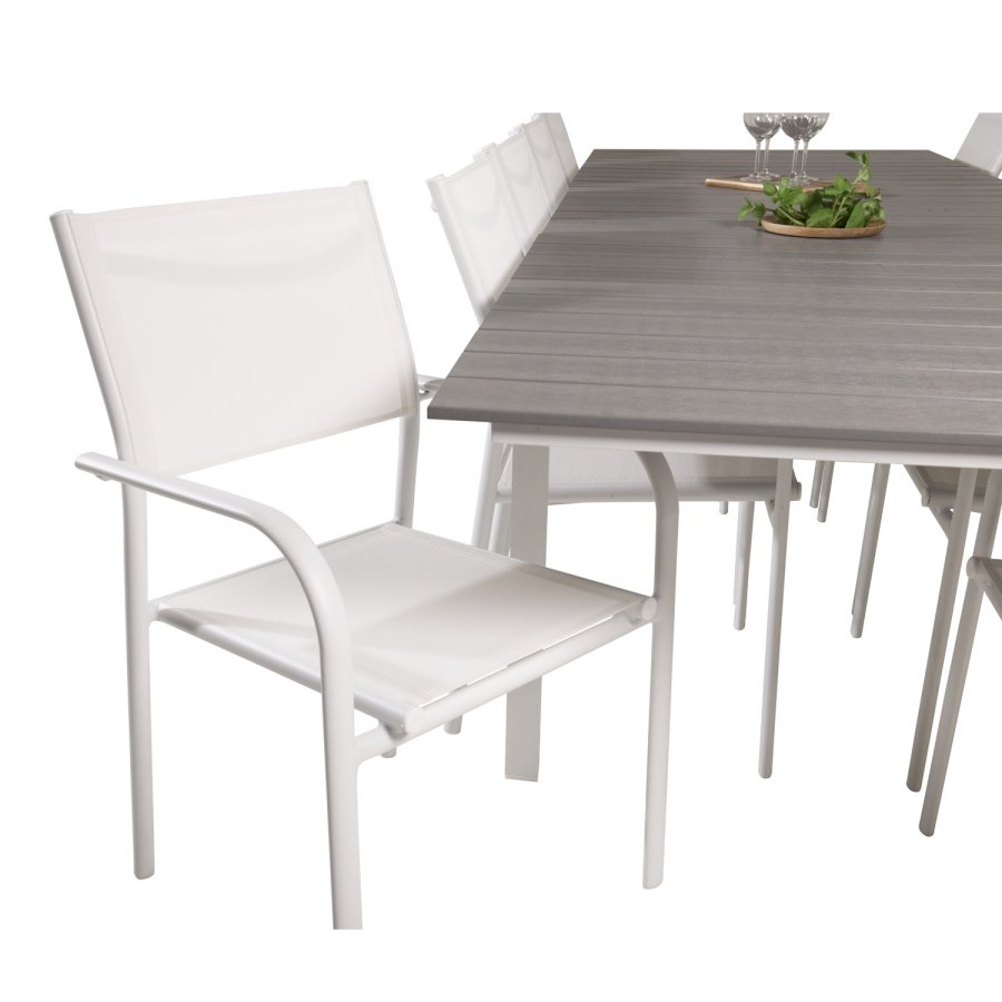 VENTURE DESIGN havest m Levels bord m udtrk og 10 Santorini stole m armln - gr aintwood/hvid alu