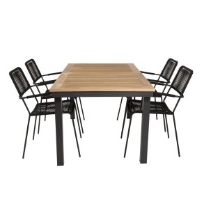 VENTURE DESIGN havest, m. Panama bord, m. udtrk og 4 Lindos stole - natur teak/sort alu/sort reb