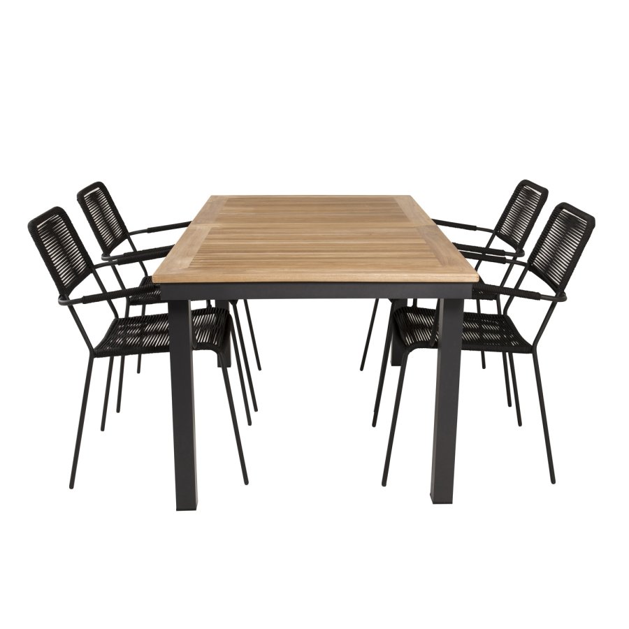 VENTURE DESIGN havest, m. Panama bord, m. udtrk og 4 Lindos stole - natur teak/sort alu/sort reb